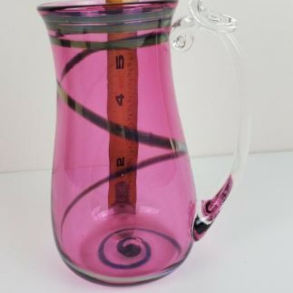 Hand Blown Pitcher 7" Shelve Art Glass Pink Silver Swirl Water Lemonade Juice - Picture 4 of 11
